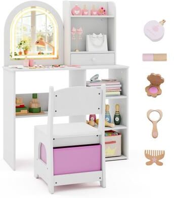 Costway Kids Vanity Set Princess Girls Makeup Vanity Desk with Chair and 3-Color LED Lighted Mirror-White