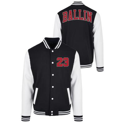 Collegejacke MISTERTEE "MisterTee Herren Ballin 23 College Jacket", Herren, Gr. S, schwarz-weiß (schwarz, weiß), 80% Baumwolle, 20% Polyester, mehrfarbig, normal, U-Boot-Ausschnitt, Jacken Collegejacke