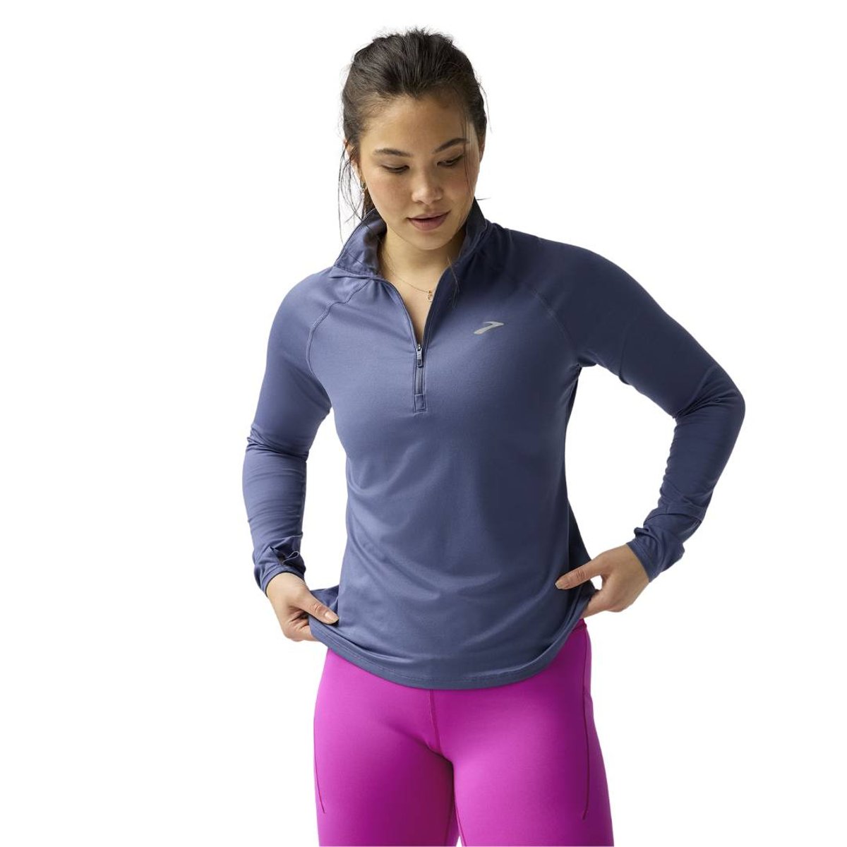 Camiseta Brooks Dash 1/2 Zip 3.0 Manga Longa Azul, Tamanho XS. Mulher