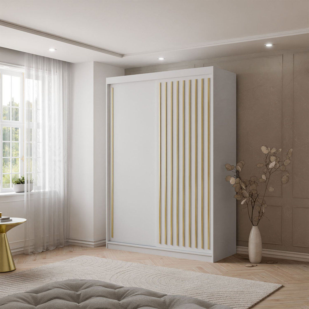 Metro Sliding Wardrobe AURIS with Gold Strips White Matt 215cm H X 150cm W X 59cm D