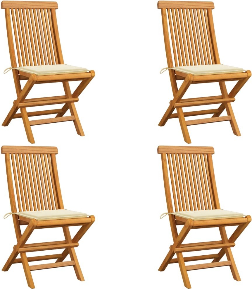 Klappstühle mit cremefarbenen Kissen, 4 Stück, Massivholz Teakholz