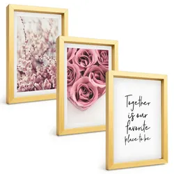 BILDER SET 3er Set - 20x30 cm Goldrahmen - Blumensträuße aus Rosen mit einer Inschrift