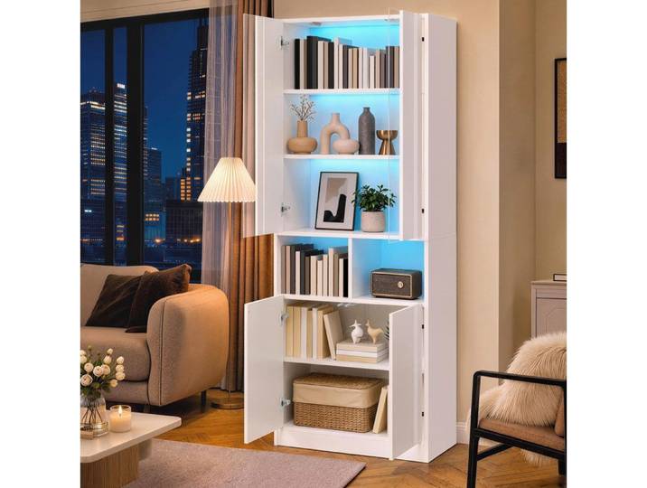 Vitrine Haute Blanche Avec LED Armoire Design FloraGrace Pour Salon Entrée Chambre Commande Par Application 70x35x180cm