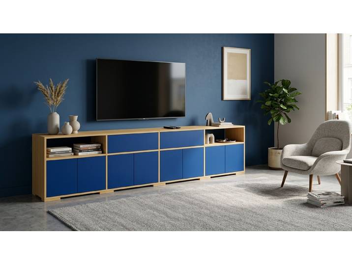 Sideboard mit blauen Fronten Echtholz Furnier Eiche geölt