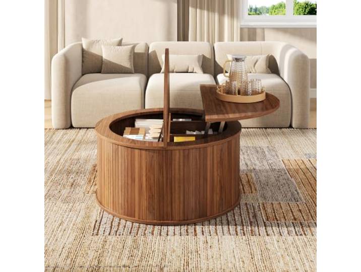 Couchtisch Wohnzimmertisch Kaffeetisch MDF rund höhenverstellbar Stauraum