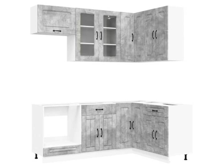 Favemtsl Küchenzeile 8-TLG Kalmar Einbauküche Holzwerkstoff Betongrau Modularer Küchenschrank Set mit verstellbaren Füßen für flexible Raumnutzung und Wandbefestigung im Kochbereich.