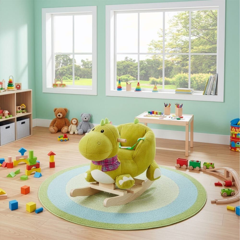 Tectake Dinosaure à bascule avec housse en peluche à partir de 12 mois vert Vert 70x50x35cm