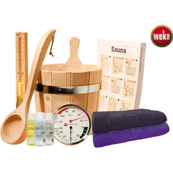 Weka Premium Aktionsset bestehend aus Aufgusskübel, Schöpfkelle, Klimamesser, 2 Handtüchern, 3 Aufgusskonzentraten, Sanduhr, Baderegeltafel