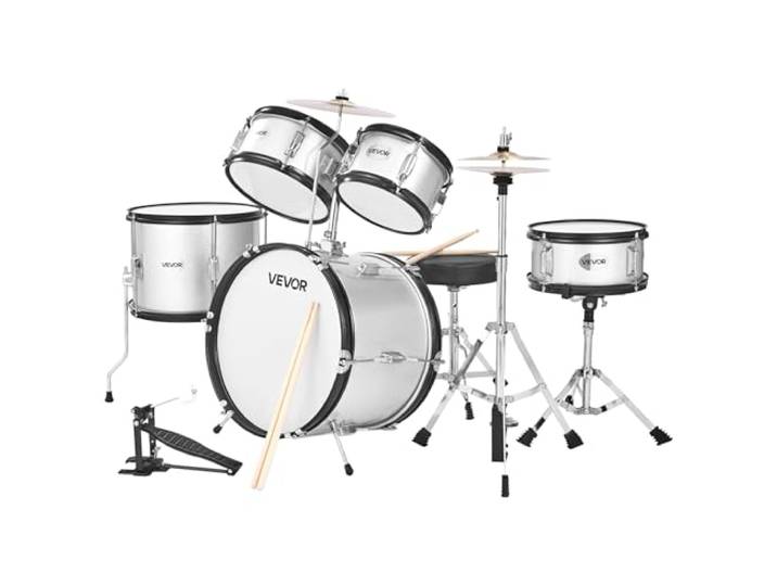 VEVOR Batterie Enfant\, 5 PCS\, Batterie Débutants\, Grosse Caisse 45 cm avec Tom-Tom\, Caisse Claire 25\,4 cm Tom Basse 36 cm\, Siège\, Baguettes\, Kit Apprentissage Musical\, pour Enfants 6-13 Ans\, Argent