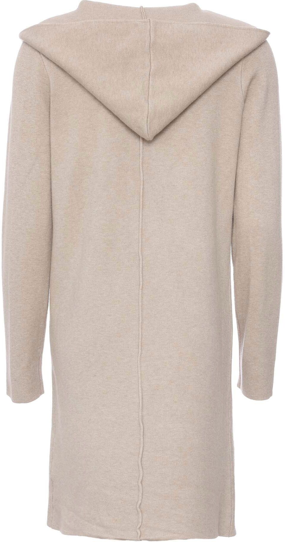 Cardigan ZWILLINGSHERZ "Janina", Damen, Gr. L/XL, beige (hellbeige), Obermaterial: 50% Viskose, 27% Polyester, 23% Nylon, knielang, V-Ausschnitt, Strickjacken, Kapuze, Taschen, Langarm, knielang, ohne Verschluss