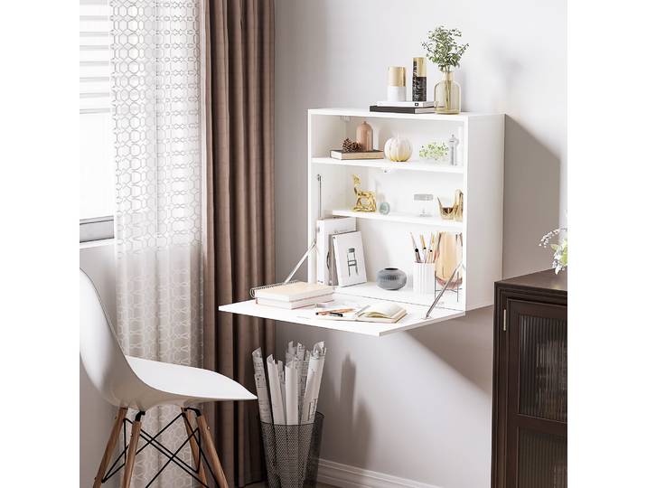 HOMCOM Bureau Mural Rabattable Blanc 64x20x60cm