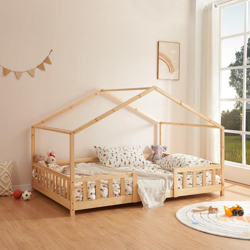 Kinderbett im Hausform-Design, 140x200 cm, aus massivem Kiefernholz, mit Kindersicherung