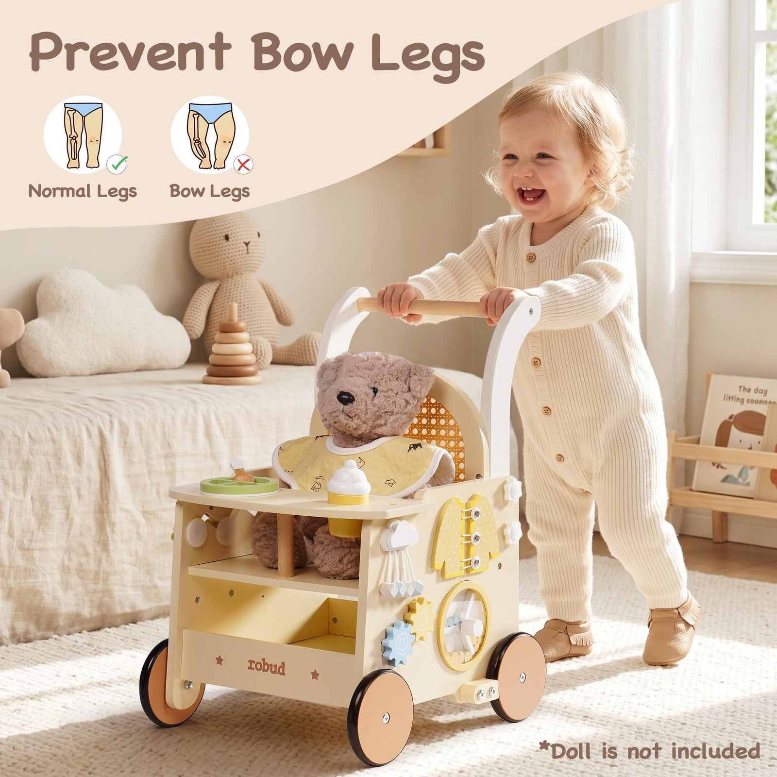 Merkloze houten loopwagen voor baby's, 2-in-1 met activity center, educatief speelgoed voor peuters van 1 tot 2 jaar