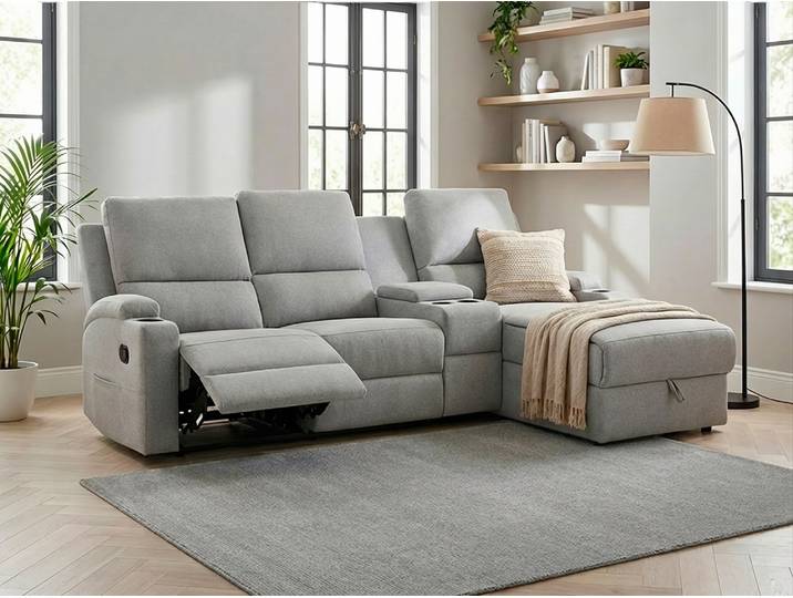 Ecksofa GOODPRODUCT NAPORI Struktur, Multimediasofa, 3er Kinosessel XXL, L-Form , grau (hellgrau), B:240cm H:102cm T:155cm, 100% Polyester, Sofas, Ecksofa, Kinosofa, manuelle o. elektr. Relaxfunktion, Staufach, Getränkehalter