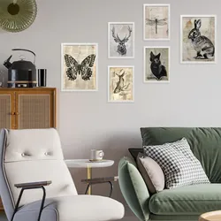 POSTER Set Mit 6 Vintage Tiere Schmetterling Hirsch Katze Fisch Kaninchenlibelle A3 & A4 Weißer Rahmen