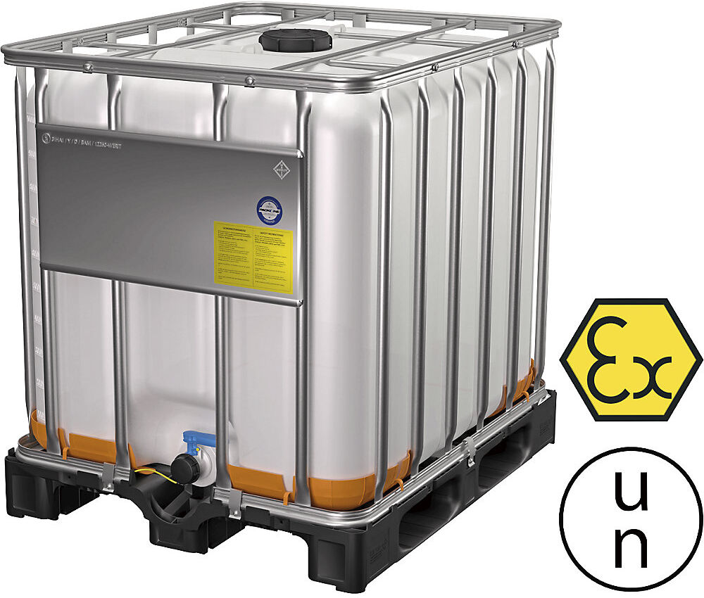 kaiserkraft IBC-Container, EX-Schutz, Volumen 1000 l, natur, auf Kunststoffpalette