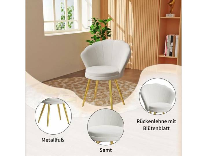 MIPAN Fauteuil Coquillage Salon Dossier en Forme de PétaleChaise Velours Pieds 42x40x80cm blanc