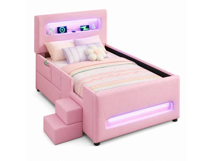 Evryae Polsterbett 90/200 mit Schublade, LED-Lichtleisten und USB in Rosa, 1 Schubladen, 1-Zonen, 90x200 cm, Schlafzimmer, Betten, Polsterbetten