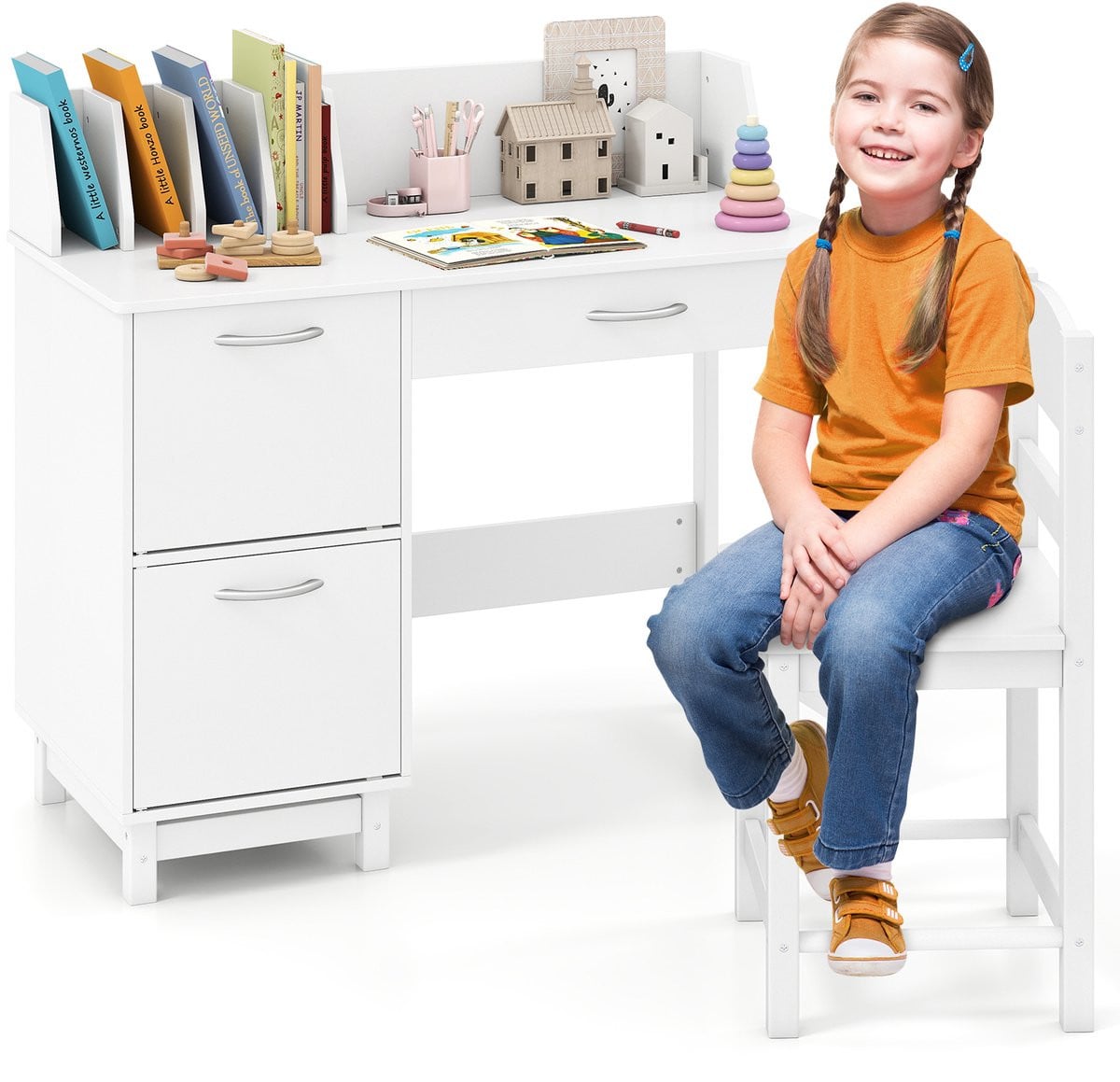 Costway Kinderbureauset met stoel en opbergkast, wit