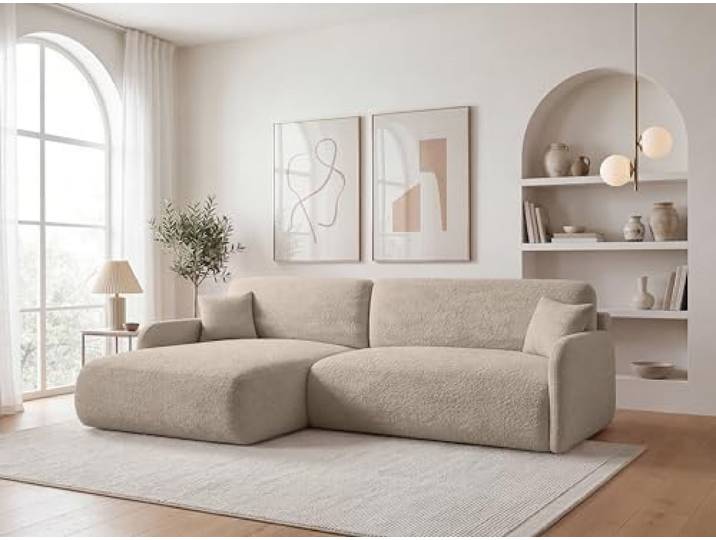 KP-Meble Ecksofa mit Schlaffunktion - 256x175 cm Bouclé Beige – Modernes L-Sofa, Schlafsofa mit Bettkasten, Große Couch mit Stauraum Pierr (Anthology 2, Links)