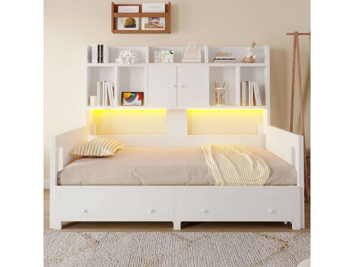 Lit banquette gigogne en bois 90x190cm extensible 180x190cm Lit Combiné 2 tiroirs rangements Prises + USB，