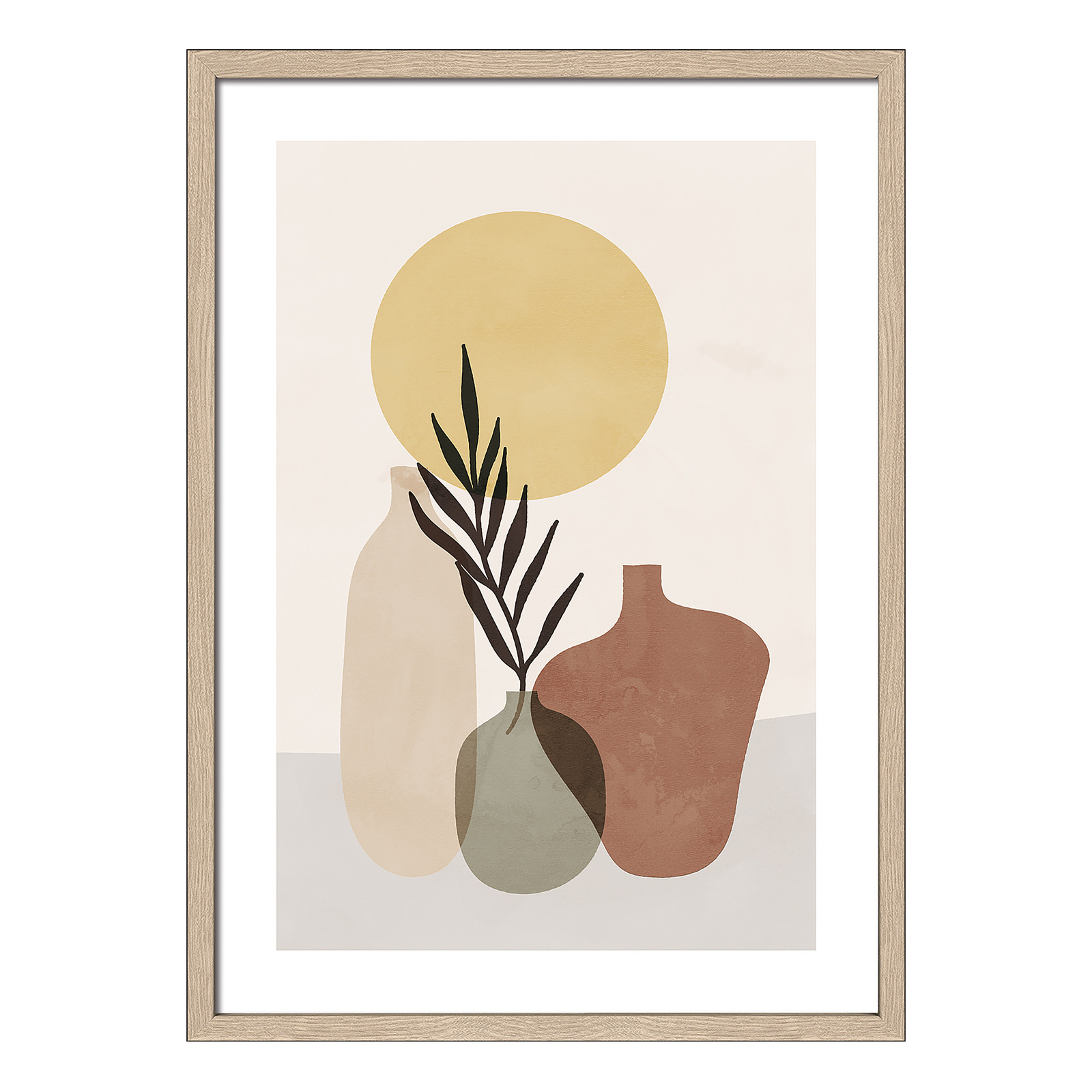 home24 Still Life with Vases I Glas Wanddecoratie, Groen/Bruin/Beige, 55 x 75 x 3 cm