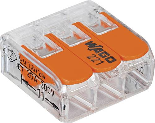 WAGO 221-413-1 221 Verbindungsklemme flexibel: 0.14-4mm² starr: 0.2-4mm² Polzahl: 3 Transparent, Orange