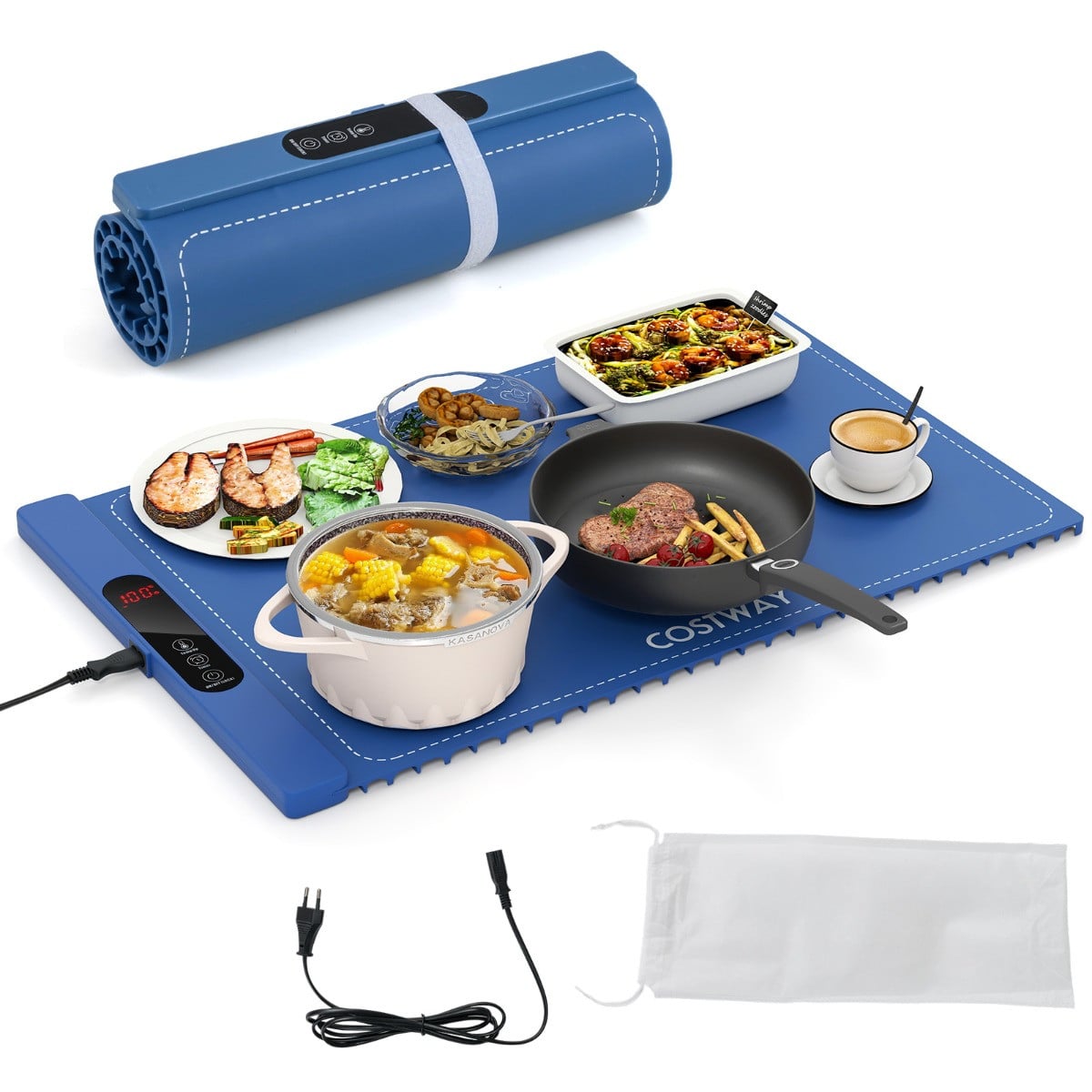 Costway Elektrische Verwarmingsmat van Silicone voor Voedsel, Opvouwbare Warmhoudplaat met 6 Temperatuurinstellingen van 50℃-100℃, Blauw