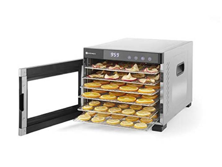 HENDI Dörrautomat, mit 6 Gittern, optimal zum Dörren von Obst, Gemüse und Fleisch, Digitales Bedienfeld, Timer, Temperatur einstellbar von 35°C bis 75°C, 230V/600W, 340x450x(H)311mm, Edelstahl