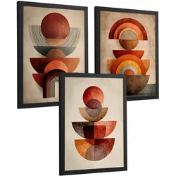 POSTER 3er Kunstdruck-Set Wandbilder Abstrakte Formen Rot Orange modern Wohnzimmer Deko, Schlafzimmer, Küche, Badezimmer Schwarzer Rahmen A3