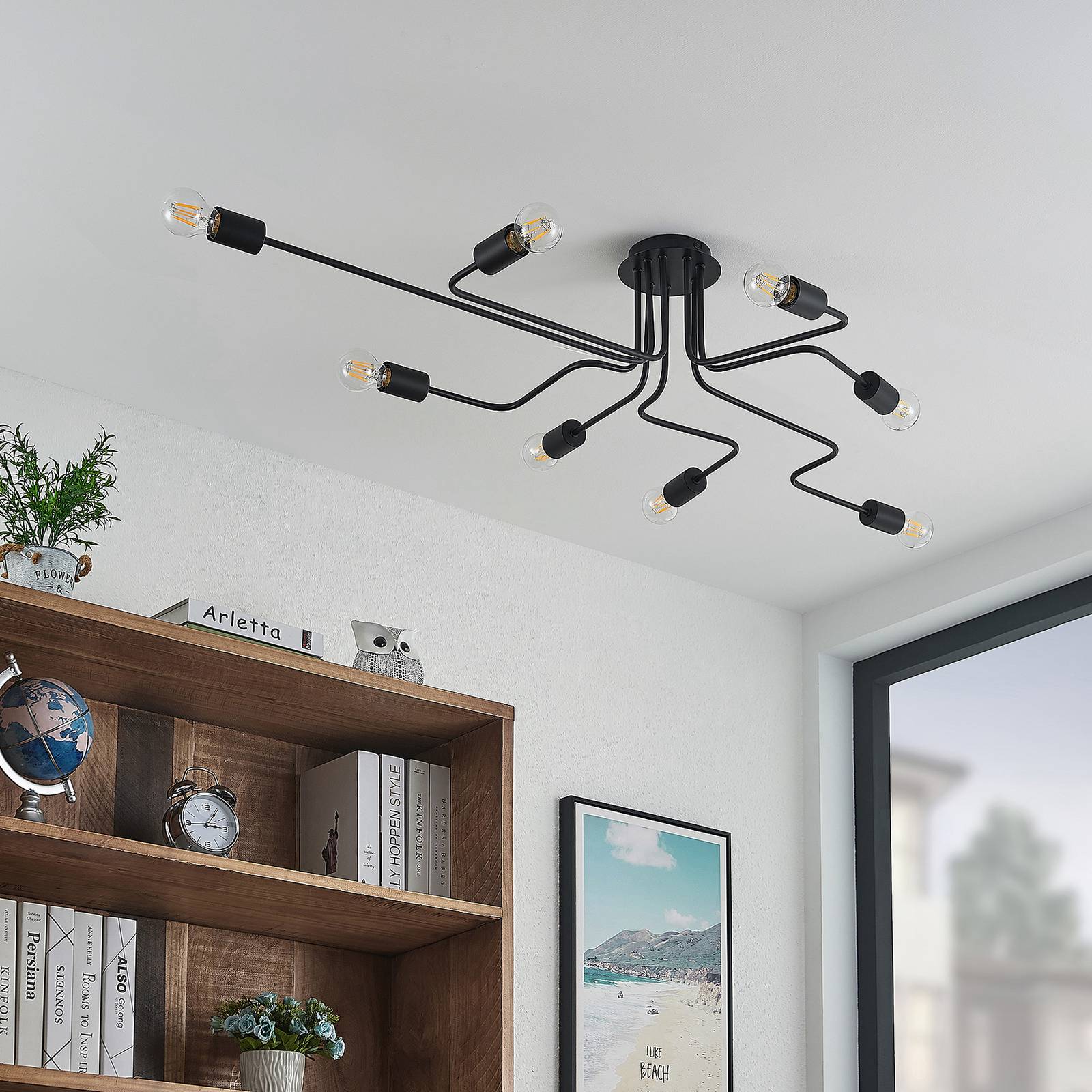 Ceiling Light Elimar Lindby, dimmable, Black, Living / Dining Room, metal, Vintage, Ceiling Light
