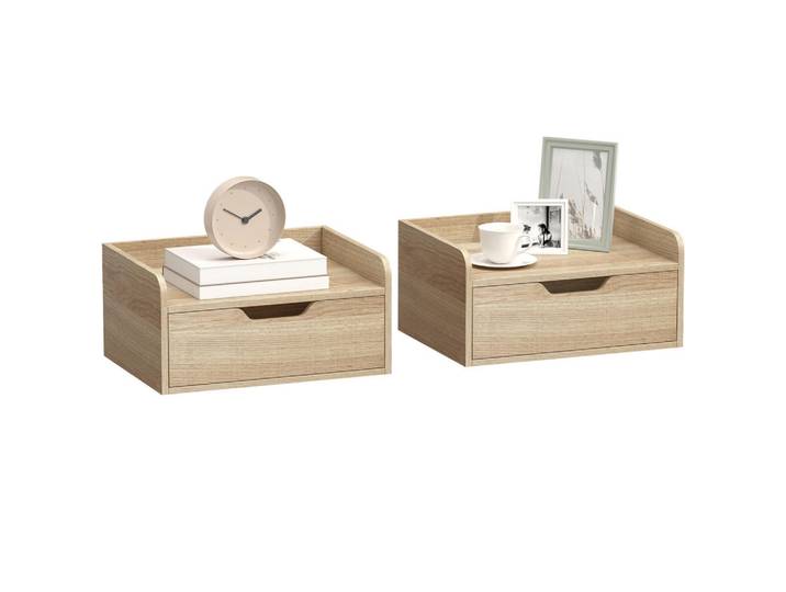 ComfortXL Nachtschrank 2er-Set De-12970 Schublade und erhöhte Kante Naturholz, Naturfarben, 30x19.5x40 cm, Schlafzimmer, Nachtkästchen