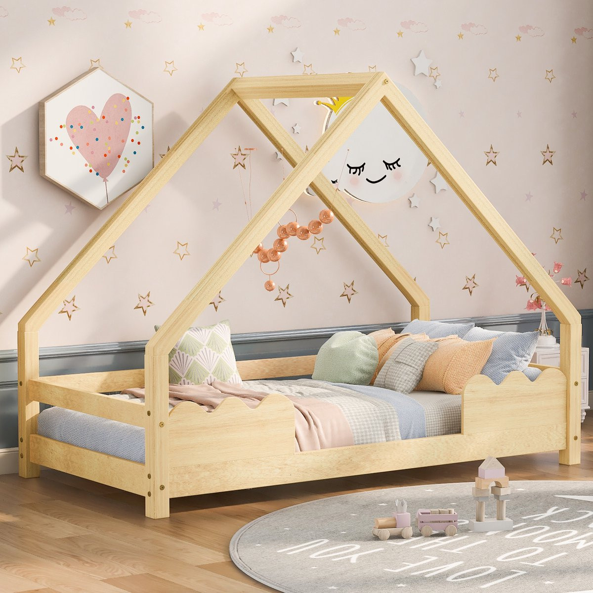 Sweiko Kinderbed Huisbed van Massief Hout en MDF - Natuurlijk - 90 x 200 cm