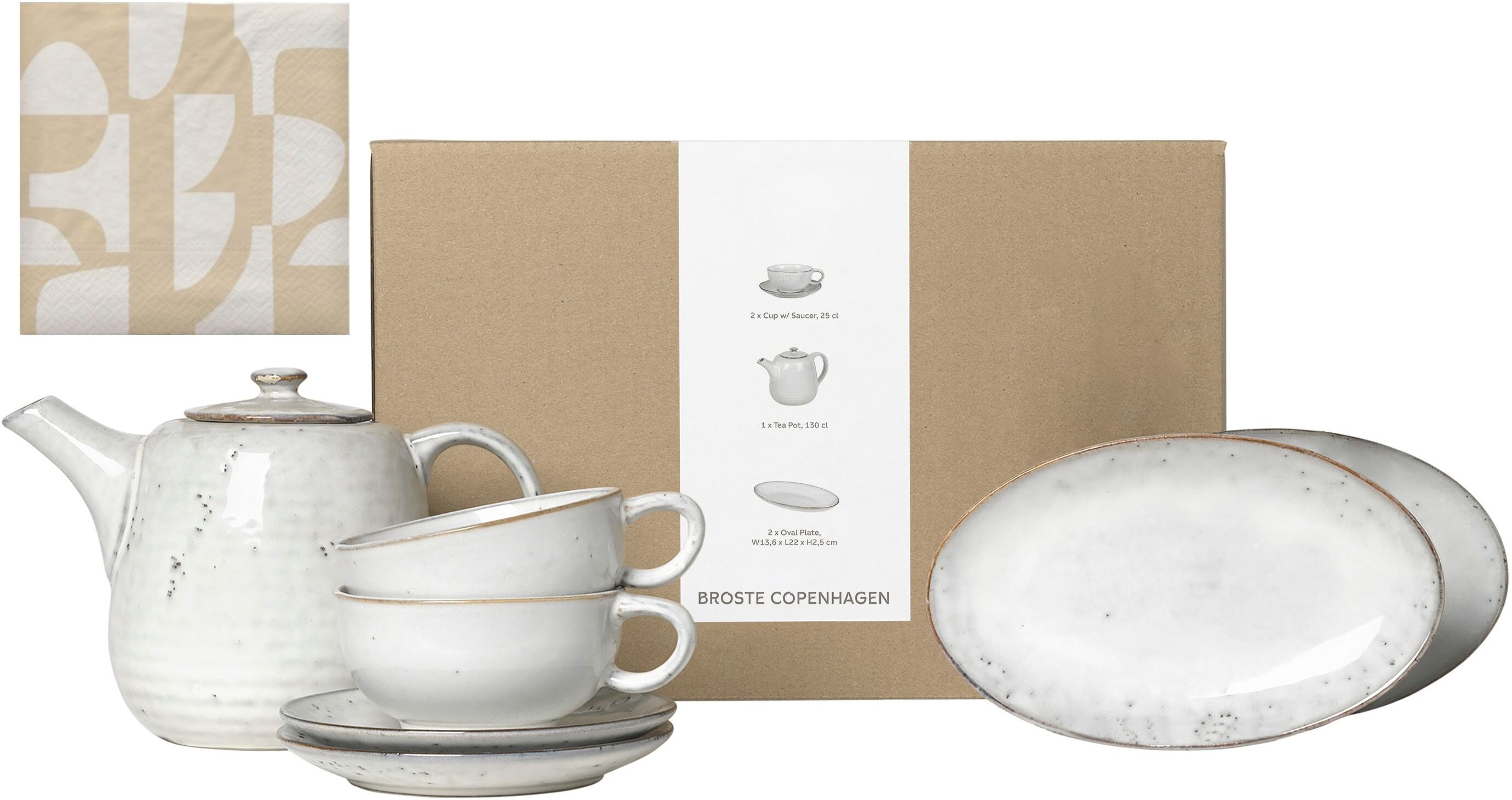 Teeservice BROSTE COPENHAGEN "Single Geschirr-Set Nordic Sand, inkl. 1 Päckchen Papierserviette", beige (natur), 8 Stk., Keramik, Geschirr-Sets, Teeservice, Beliebte Geschirr Sets Exclusiv mit Geschenk