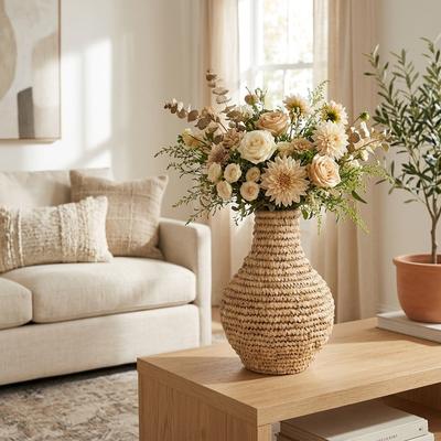 Sagebrook Home Contemporary Handwoven Raffia Flower Vase for Kitchen Countertop