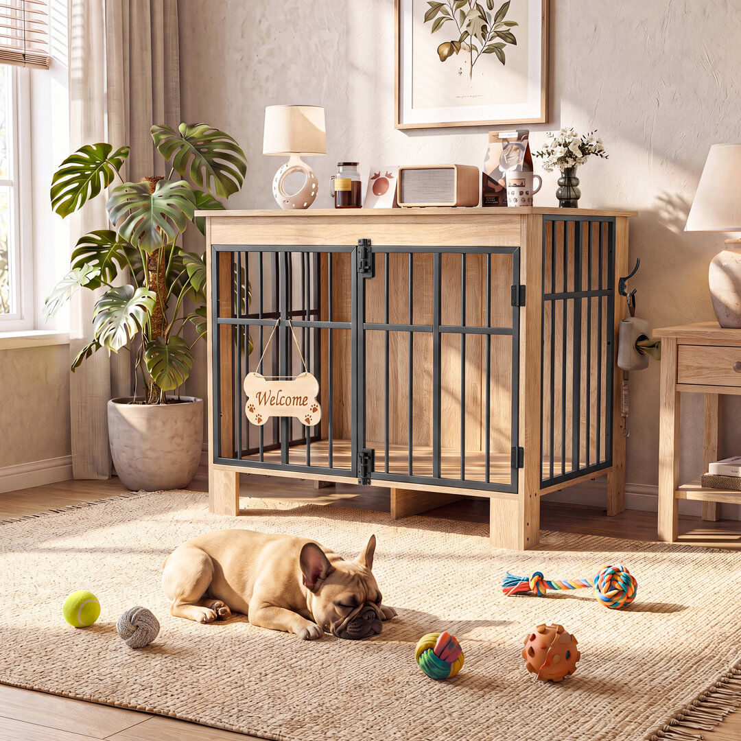 Brayden Studio 85 cm Dog Crate Furniture, Double Door Dog Cage with Welcome Sign & Side Hook for Small & Medium Dogs Wood