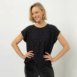 DINE 'N' DANCE Shirt, Struktur-Ware Rundhalsausschnitt Strasssteinbesatz figurumspielend