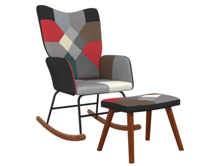 smnyxs Schaukelstuhl, Patchwork, mit Hocker, weicher Stoff, Stahlrahmen Schaukelstuhl, dunkler Patchwork-Stoff, gepolsterter Schaumstoff, Holzschienen, Stahlbeine, stabil, entspannend