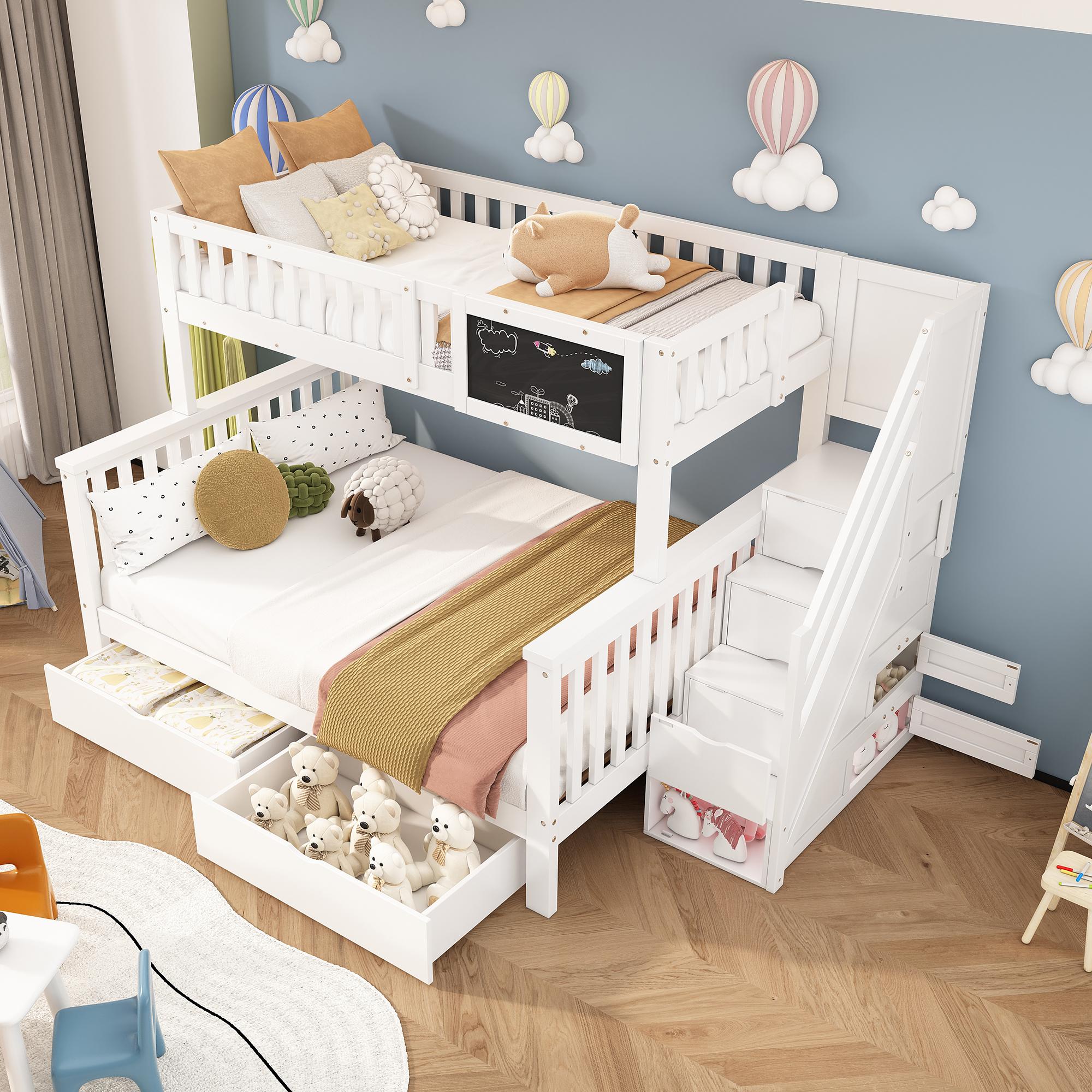 Kinder-Etagenbett/Doppelbett, Tafel, Schubladen, multifunktional, 90x200+140x200, o. Mat.. Weiß