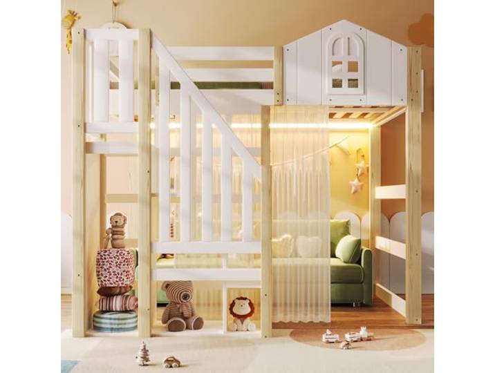 Merax Hochbett Kinder 140×200cm mit LED-Licht, Fensterdesign, Stauraum & Vorhang Massivholz Weiß+Natur