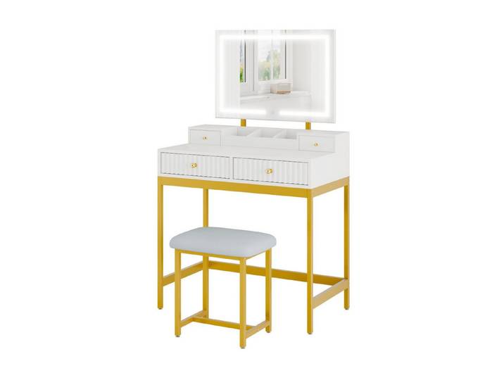 Mondeer Schminktisch Schminktisch mit Hocker, LED-Spiegel (3 Lichtmodi), Stauraum & Wellendesign, 80x45x132 cm
