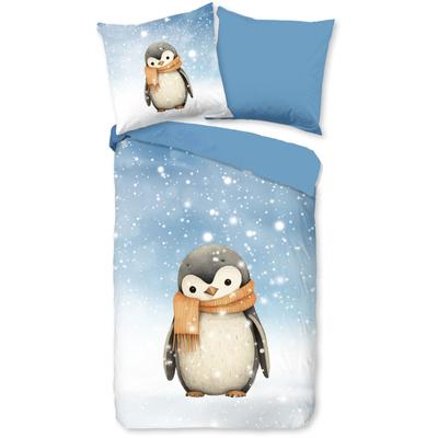 Kinderbettwäsche GOOD MORNING "Pingi", blau, B/L: 135cm x 200cm, 1 Stk., 1 Stk., Flanell, B/L: 80cm x 80cm, 2 Stk., Flanell, Obermaterial: 100% Baumwolle, Bettwäsche, Flanell, Biber, 135x200, Winter, Warm, Wende, Kind, Pinguin, Schnee