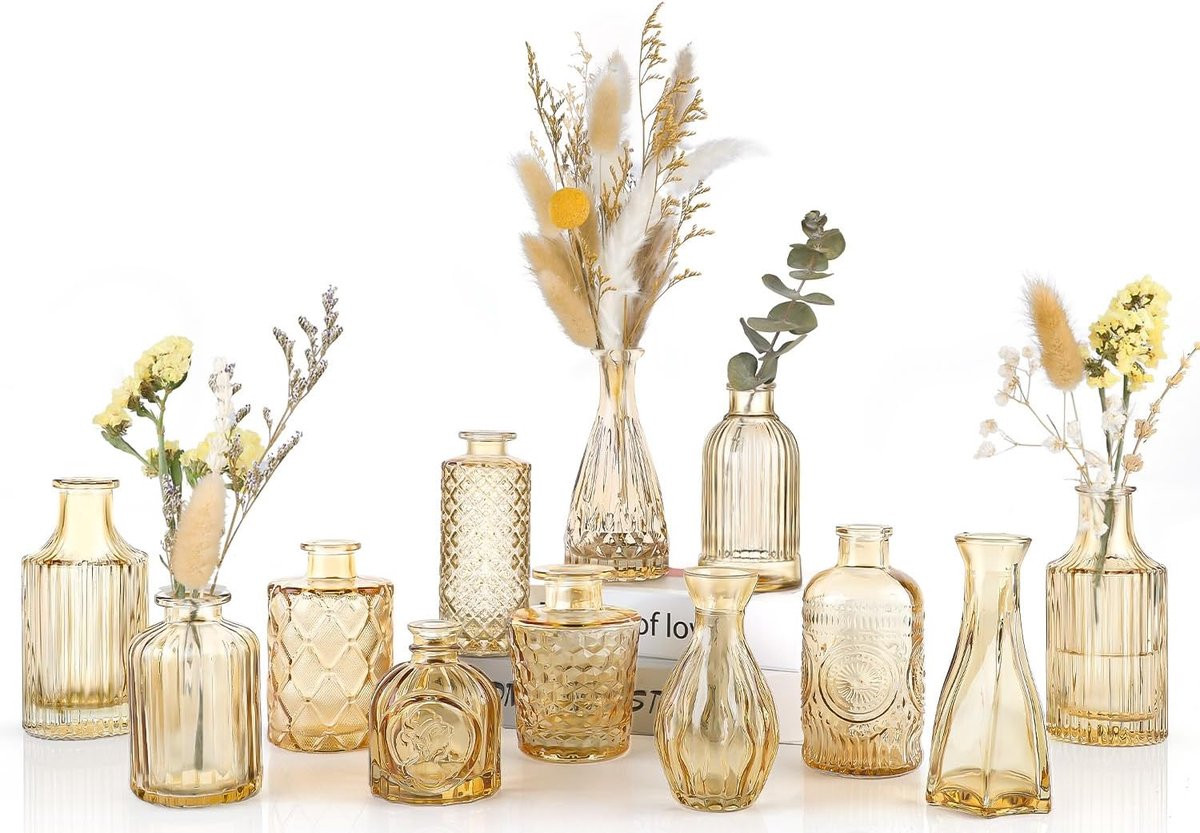 Set van 12 mini glazen vaasjes voor decoratie