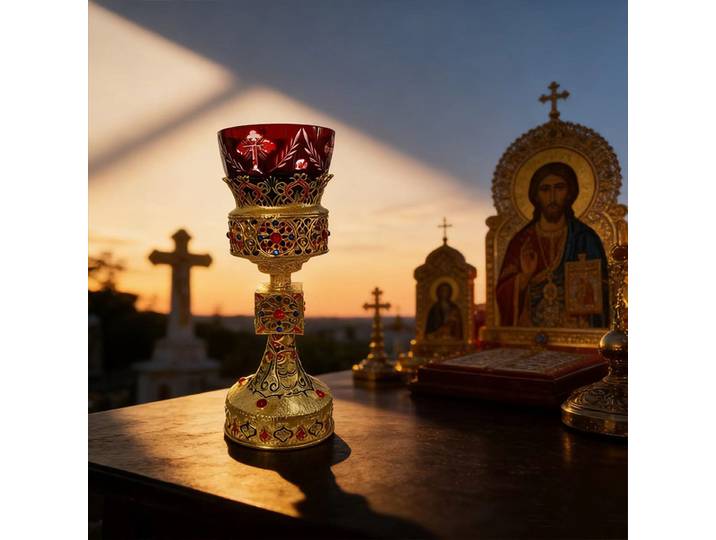 Calice liturgique orthodoxe vintage plaqué or avec émail et pierres rouges, et coupelle en verre rouge pour la communion en église, l'autel domestique et la prière