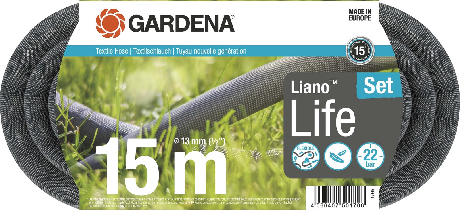Gardena Liano Life Textielslang 1/2, 15 m set