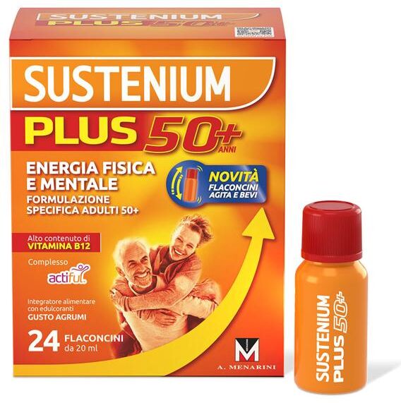 Sustenium Plus 50+ Integratore per Energia Fisica e Mentale Gusto Agrumi 24 Flaconi