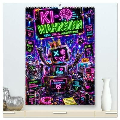 „KI-Chaos & Neon-Vibes“ – ein explosiv-bunter Kalender voller futuristischer Verrücktheit: Roboter, Glitch-Effekte & surreale Cyberpunk-Welten feiern