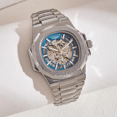 Youfap Market Luxury Skeleton Automatic Watch For Men Waterproof Stainless Steel Business Timepiece blue Silver