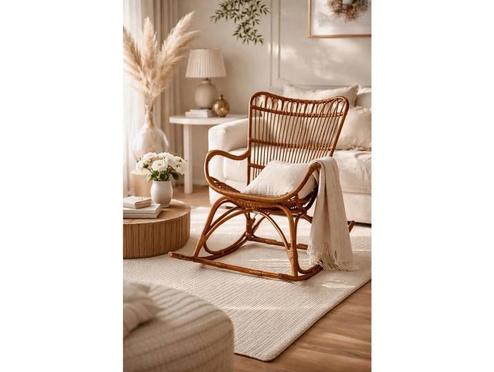 Mid.you Schaukelstuhl, Braun, Holz, Rattan, massiv, Uni, 65x96x122 cm, Schaukelfunktion, Relaxfunktion, inklusive Armlehnen, Wohnzimmer, Sessel, Schaukelstühle