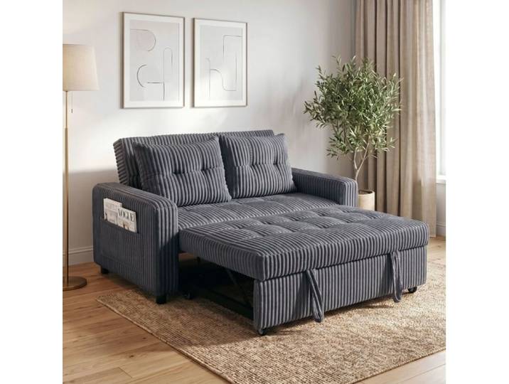 ULEVR Canapé-lit 2 places en tissu corduroy gris foncé convertible 2 coussins poches latérales roulettes